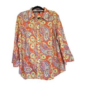 Lauren Ralph Lauren Paisley Button Up Shirt Women 2X Colorful Artsy Retro Hippie